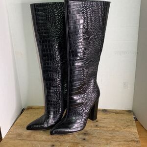 ALDO Block Heel knee High Boot in Black Croc Print Leather
